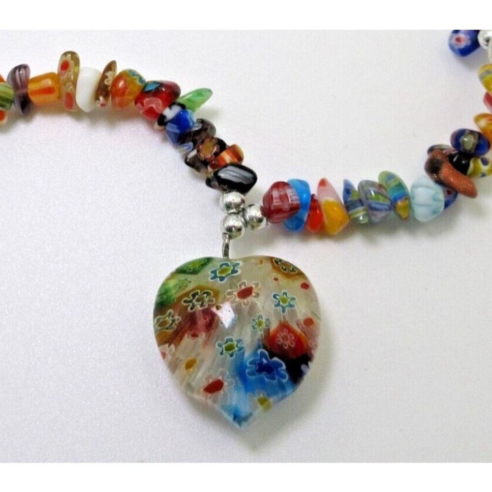 Millefiori Glass Heart Pendant With Colorful Chips Silver Tone Bead Necklace 16”